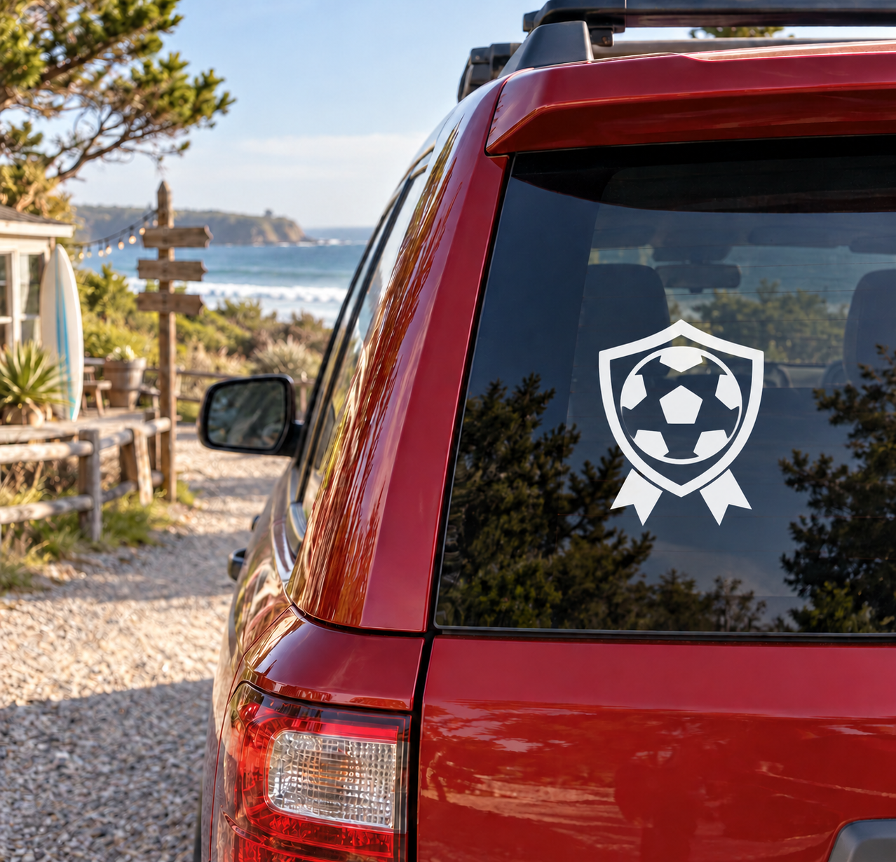 Soccer shield vinyl decal with soccer ball and ribbon on car window