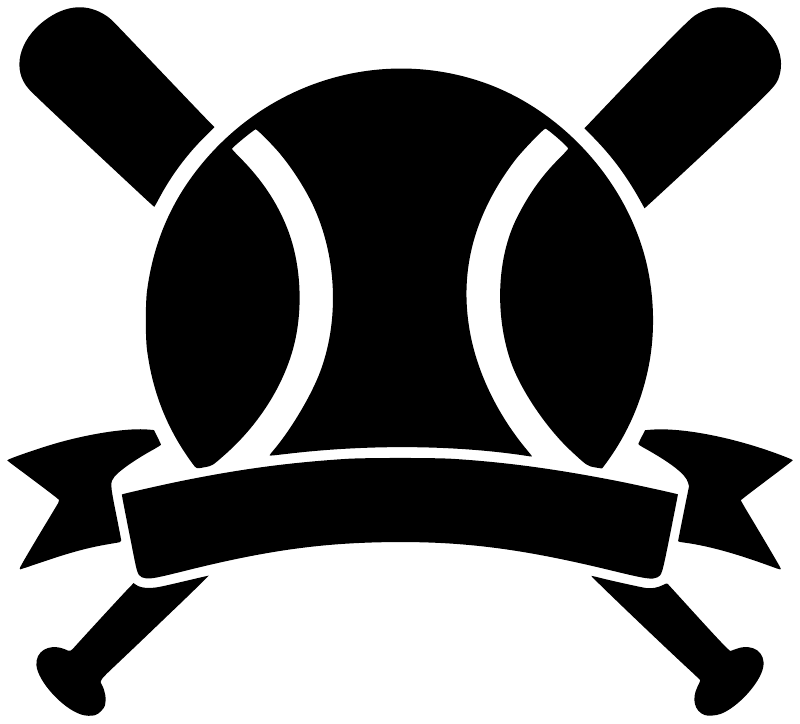 Baseball medal crest vinyl decal close-up, black baseball with white outline and ribbon