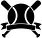 Baseball medal crest vinyl decal close-up, black baseball with white outline and ribbon
