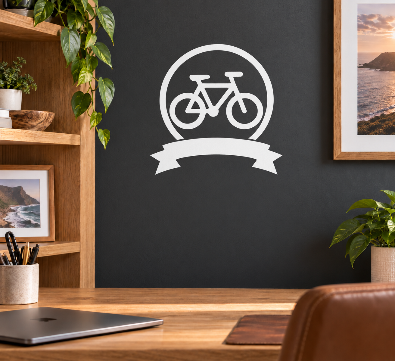 Cycling emblem vinyl decal with bicycle inside medal ring and ribbon banner