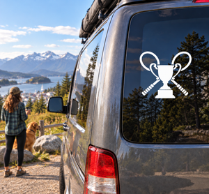 Tennis trophy vinyl decal: white trophy with crossed tennis rackets on car window
