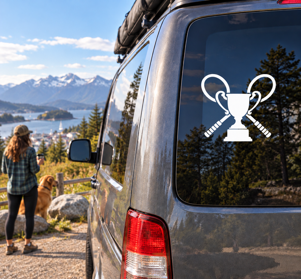 Tennis trophy vinyl decal: white trophy with crossed tennis rackets on car window