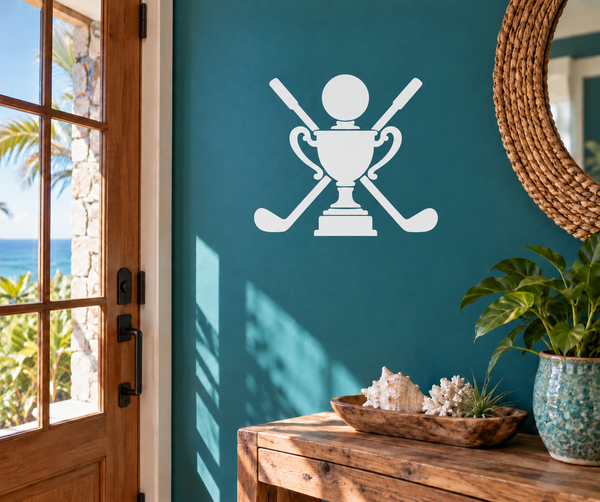 Golf victory cup vinyl decal with trophy and crossed golf clubs