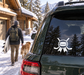 Hockey medal crest vinyl decal with white puck-and-sticks icon on car window