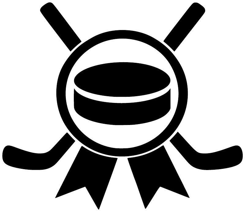 Hockey medal crest vinyl decal icon: black puck in circle with crossed sticks and ribbon