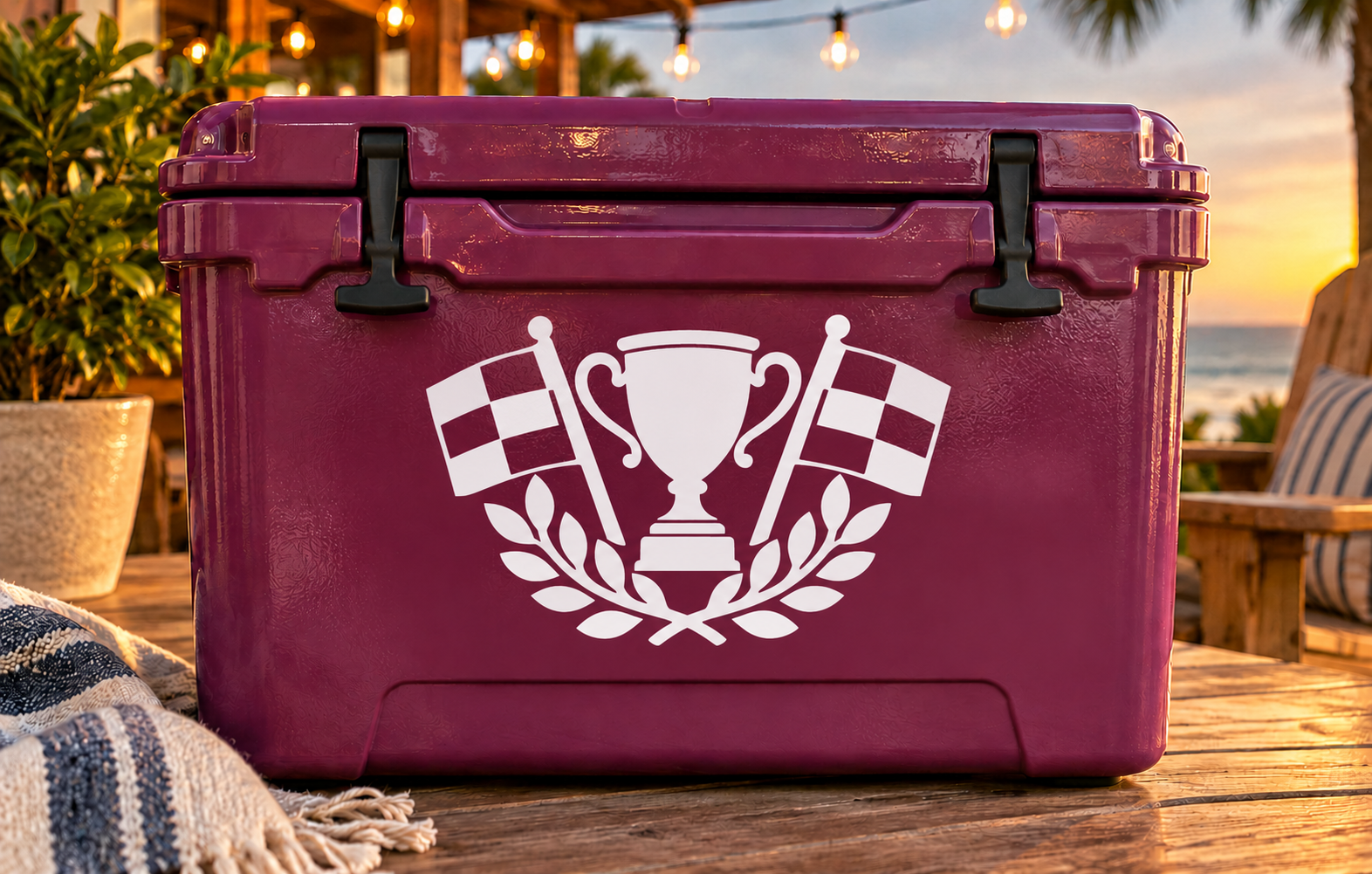 Maroon vinyl decal with trophy, racing checkered flags, and laurel wreath