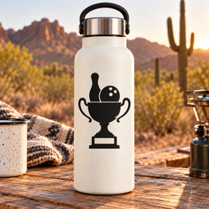 Bowling trophy vinyl decal on white bottle, black cup with bowling pin and ball