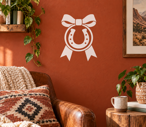 Horseshoe victory medal vinyl decal with bow and ribbon, white on wall