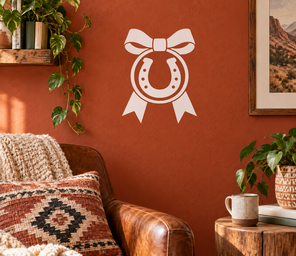 Horseshoe victory medal vinyl decal with bow and ribbon, white on wall