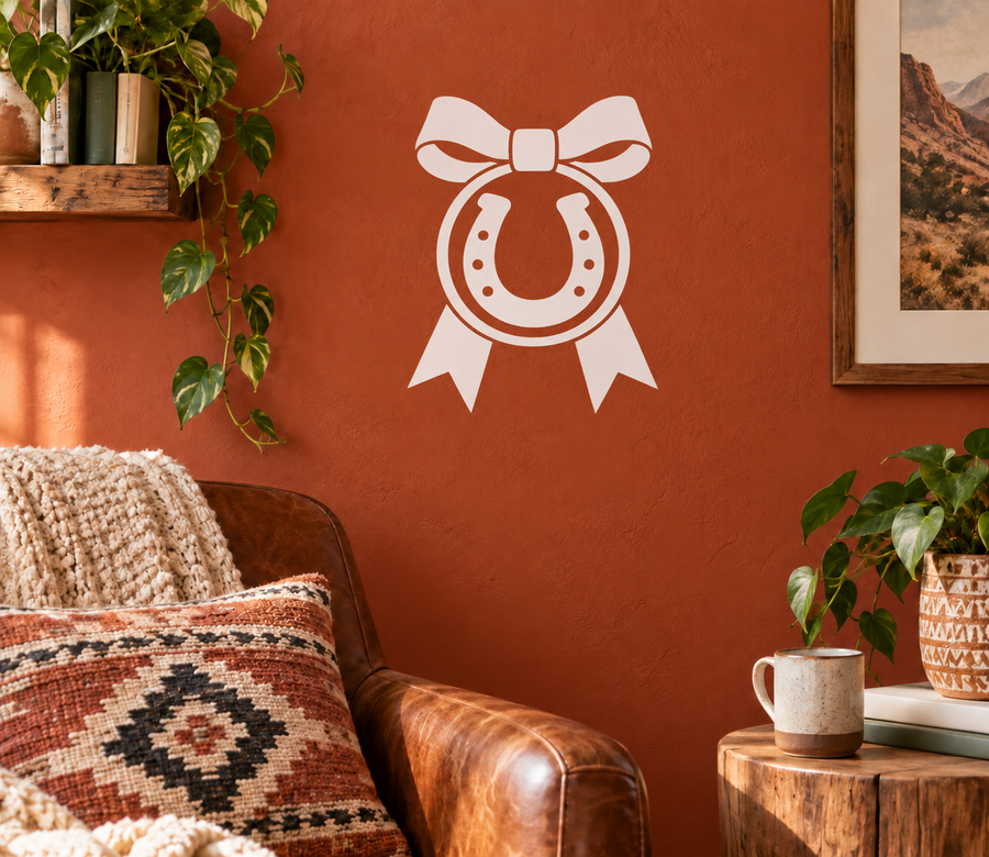Horseshoe victory medal vinyl decal with bow and ribbon, white on wall