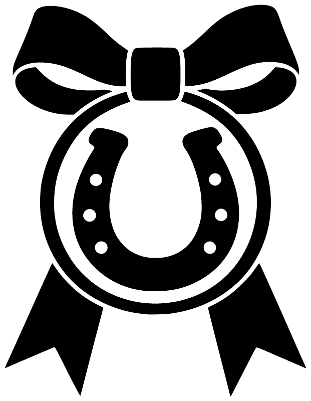 Black horseshoe victory medal decal with bow and ribbon, white center
