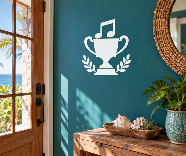 Vinyl decal: white trophy with music notes and laurel branches on teal