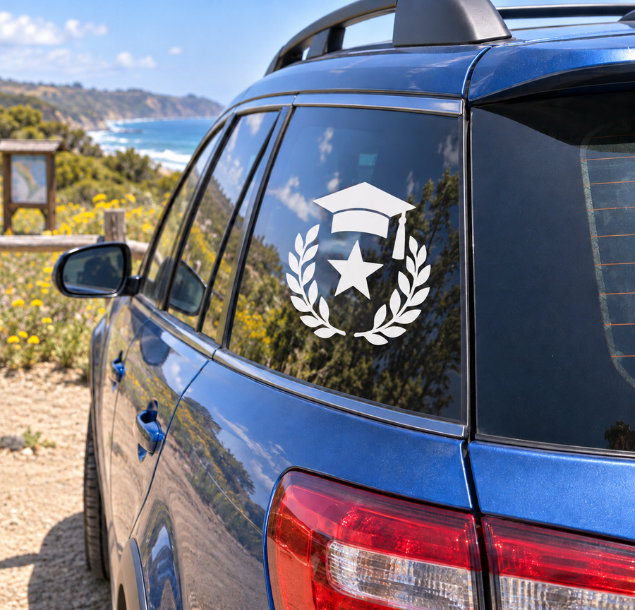 White graduation cap and black star vinyl decal with laurel wreath on car window
