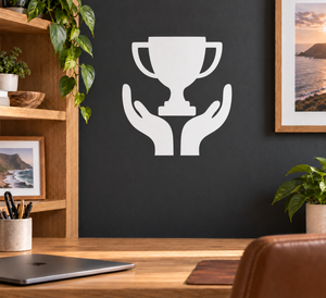 Trophy and hands vinyl wall decal, white trophy with raised hand silhouettes