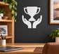Trophy and hands vinyl wall decal, white trophy with raised hand silhouettes