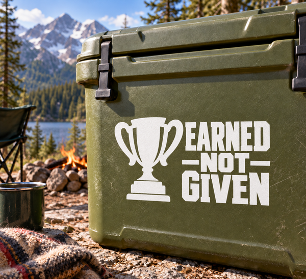 White trophy and 'EARNED NOT GIVEN' vinyl decal on dark-green surface