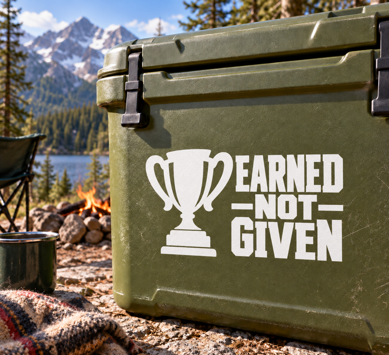 White trophy and 'EARNED NOT GIVEN' vinyl decal on dark-green surface
