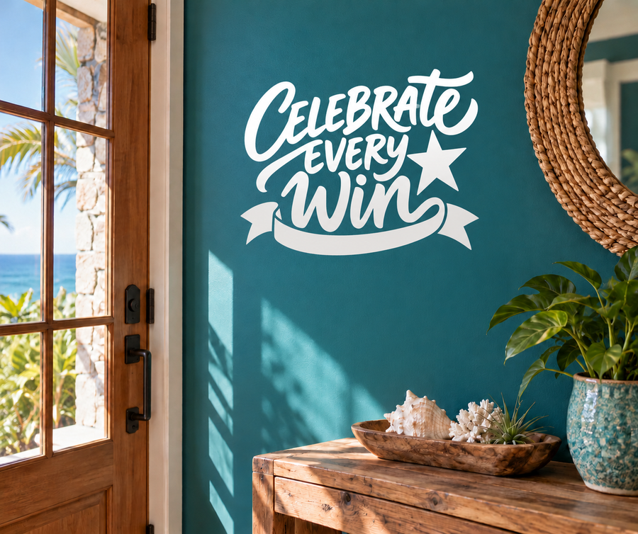White “Celebrate Every Win” vinyl decal with star accents