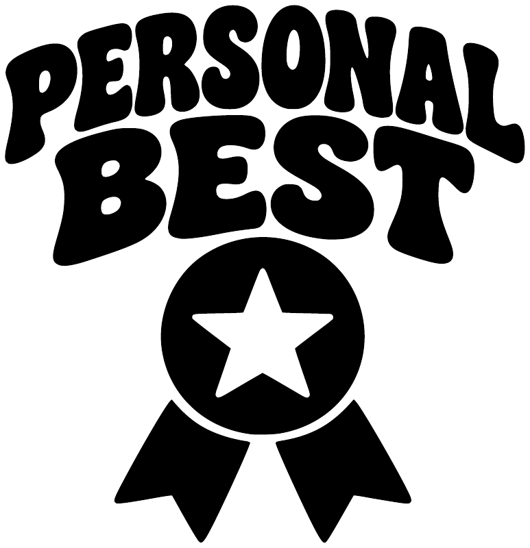 Vinyl decal close-up: bold "Personal Best" text with star rosette and ribbon