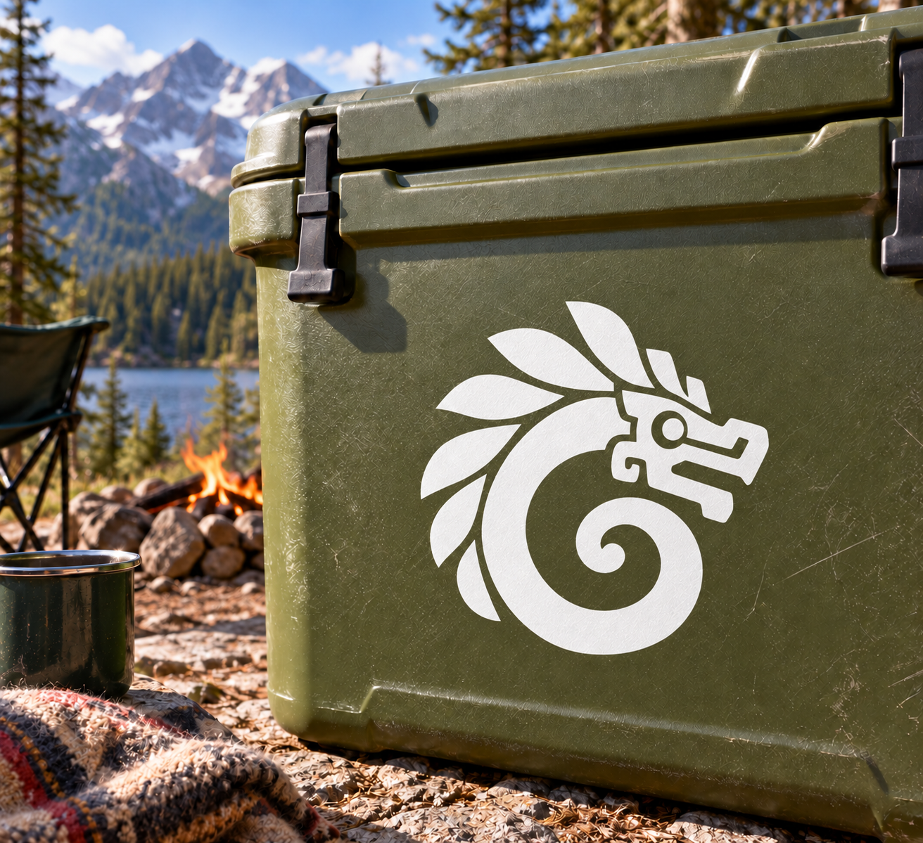 Feather serpent coil vinyl decal with white emblem on olive-green surface