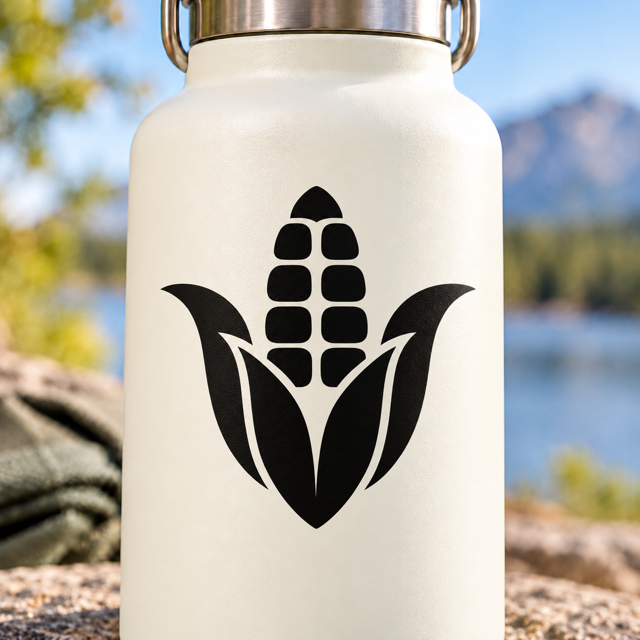 Black stylized maize stalk and leaves vinyl decal on a light bottle