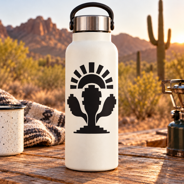 White bottle with black nopal sun vinyl decal design (AztecCX006)