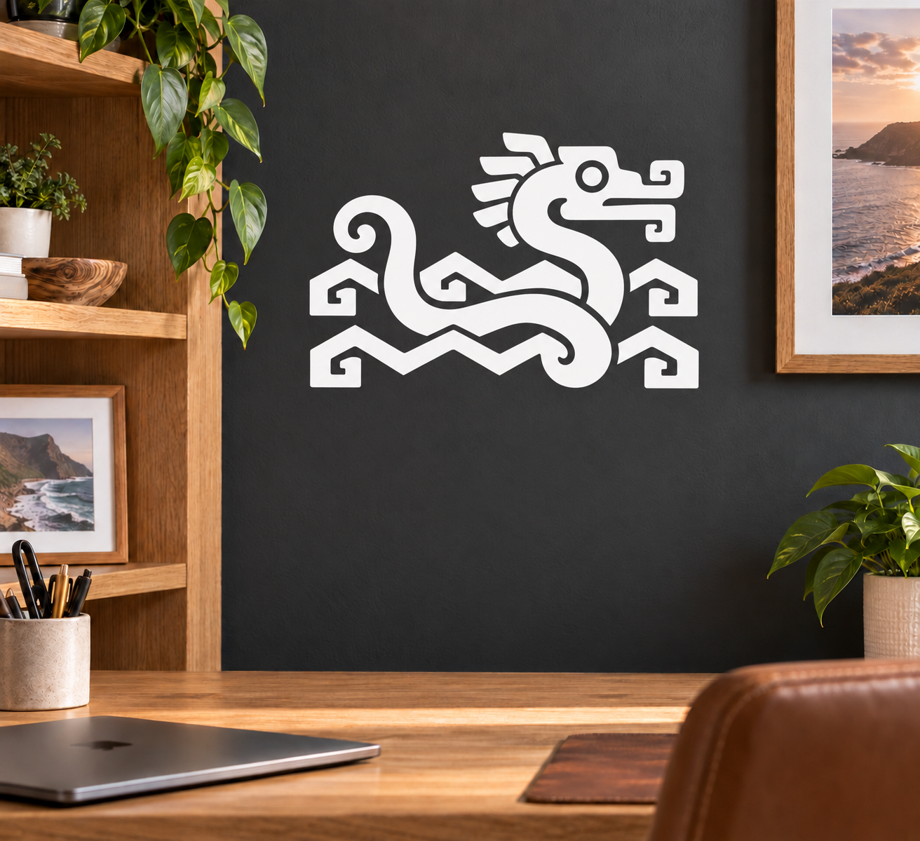 Black and white water serpent vinyl decal with geometric house icons