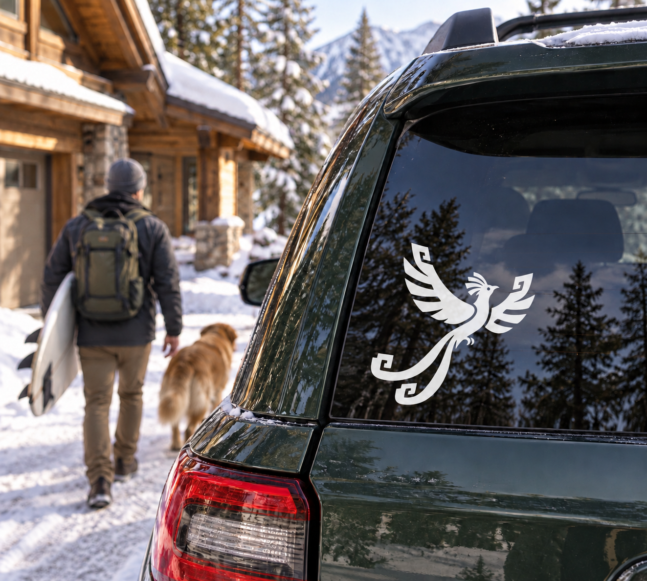 Black longtail bird vinyl decal on dark car rear window
