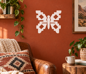 Geometric butterfly vinyl decal, white aztec-style wing pattern