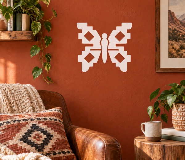 Geometric butterfly vinyl decal, white aztec-style wing pattern