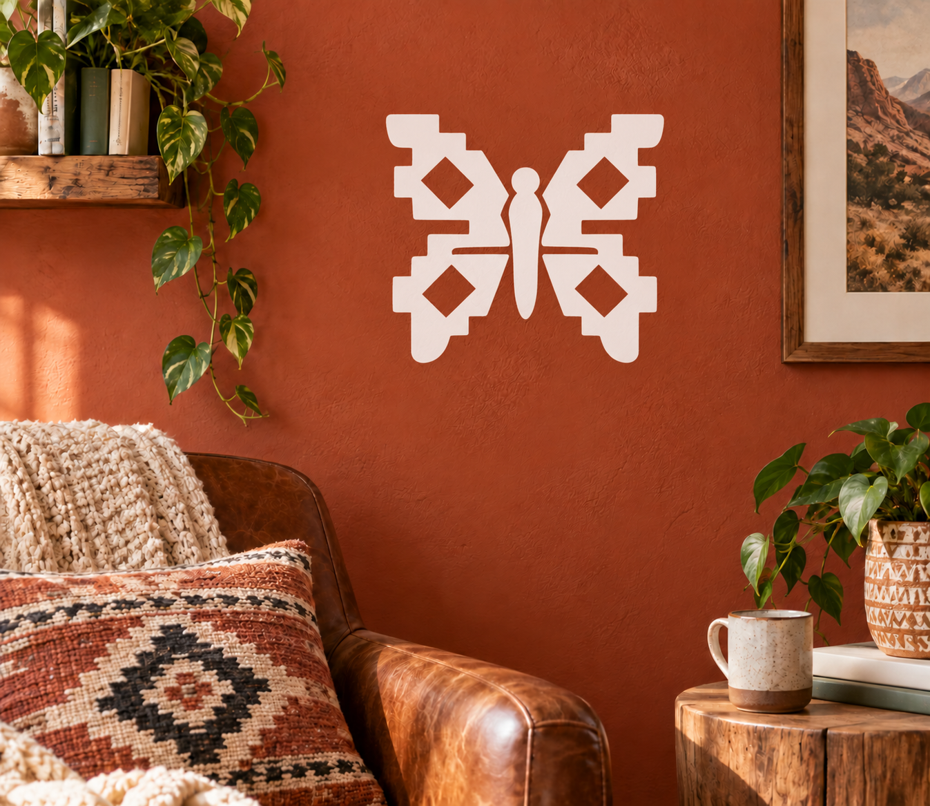 Geometric butterfly vinyl decal, white aztec-style wing pattern