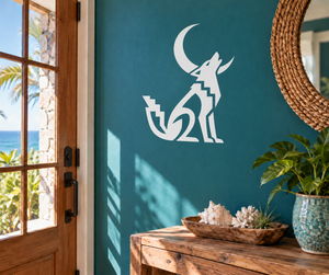 Light gray vinyl decal of moon with coyote and Aztec-style patterns