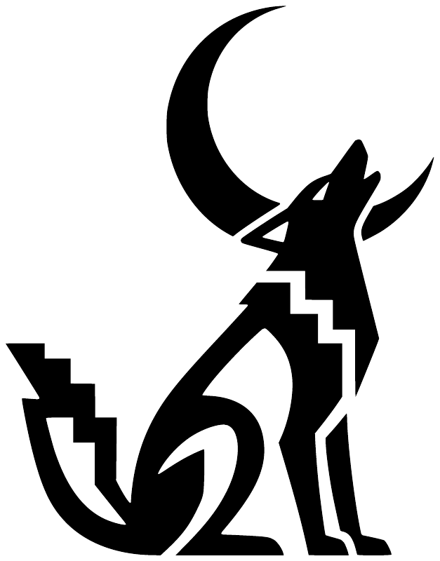 Black vinyl decal silhouette of moon over coyote with tribal-style patterns