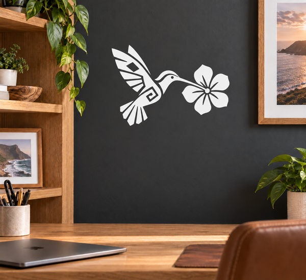 Hummingbird and flower vinyl wall decal, black stylized design