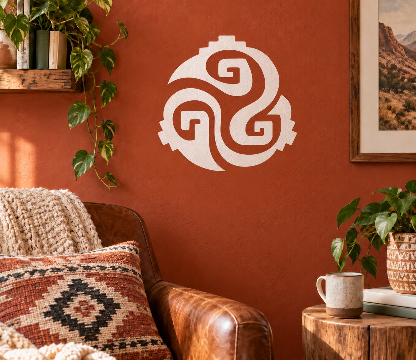 White circular vinyl decal with Aztec-style interlocking G shapes on a wall