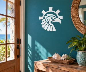 Solar eagle profile vinyl decal, white sunburst with eagle head design.
