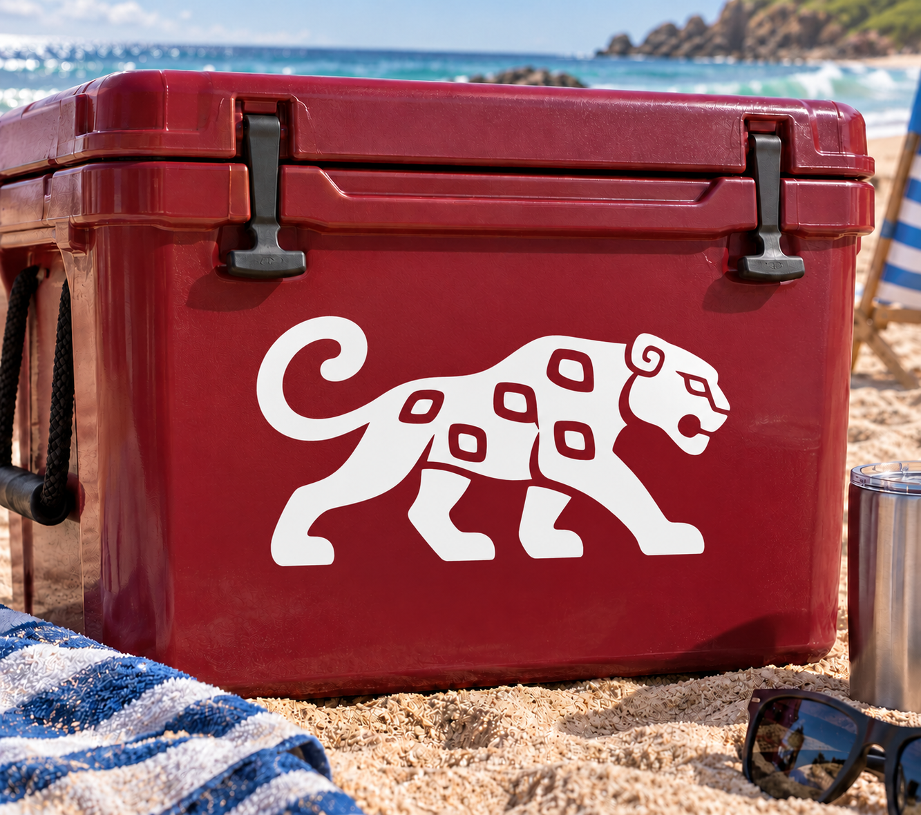 Jaguar stride vinyl decal: white Aztec-style jaguar on red surface