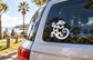 Vinyl lizard stone decal, black and white gecko-like graphic on car window