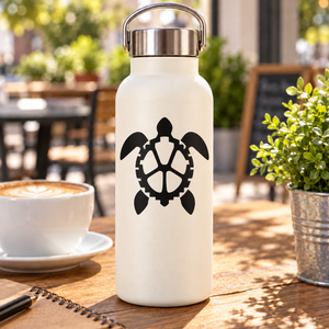 Black turtle vinyl decal with stepped shell icon on a white bottle
