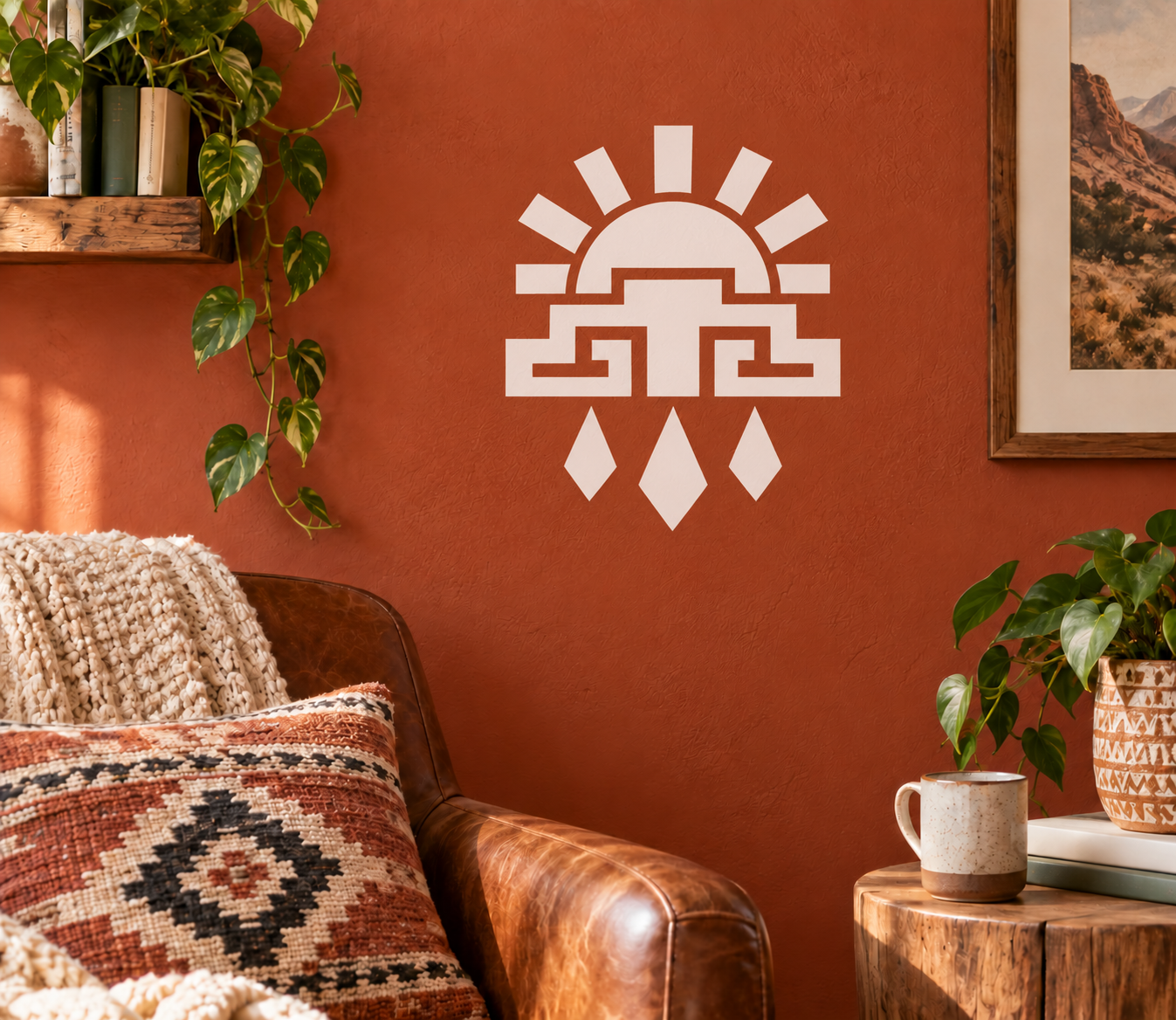 White Aztec sun emblem vinyl decal with geometric rays