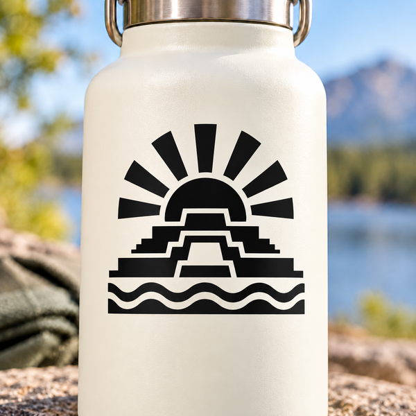Vinyl decal emblem with black sun rays, stacked steps, and wavy lines.