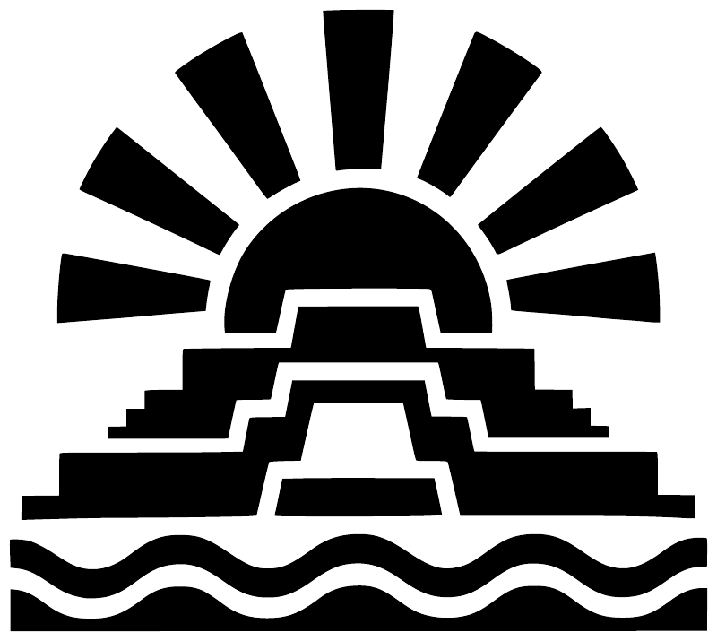 Close-up vinyl decal showing black sunburst, geometric steps, and wavy stripes.