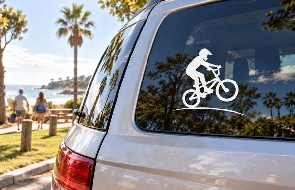 BMX front wheel lift vinyl decal, white rider silhouette on car window