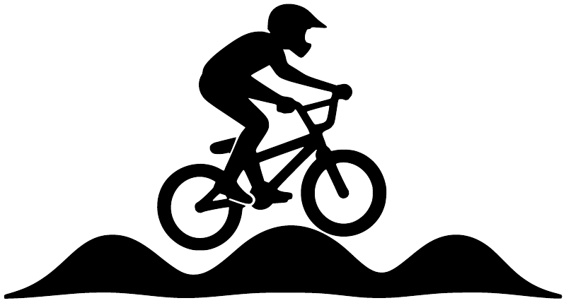 BMX pump track vinyl decal, black rider on bike over wave-like ramp