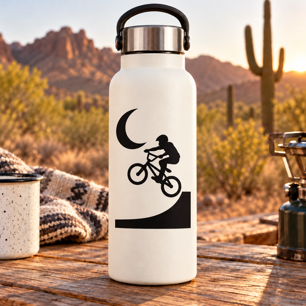 Black crescent moon and BMX rider silhouette vinyl decal with swoosh banner design