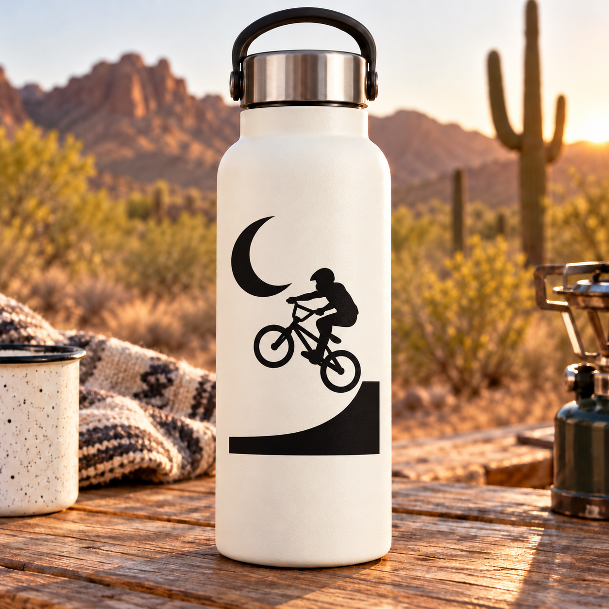 Black crescent moon and BMX rider silhouette vinyl decal with swoosh banner design