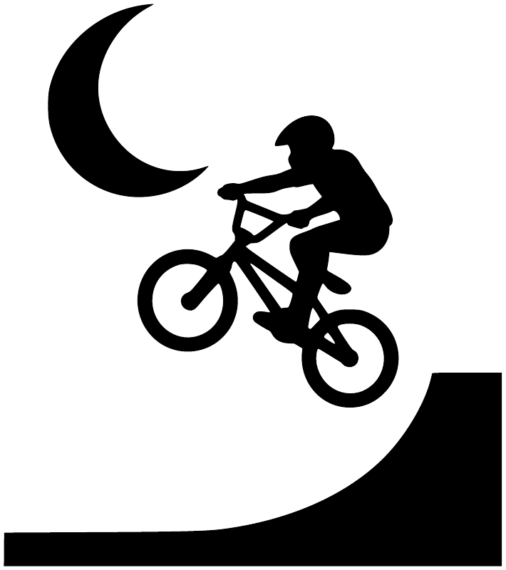 Black BMX rider and crescent moon vinyl decal on curved banner base