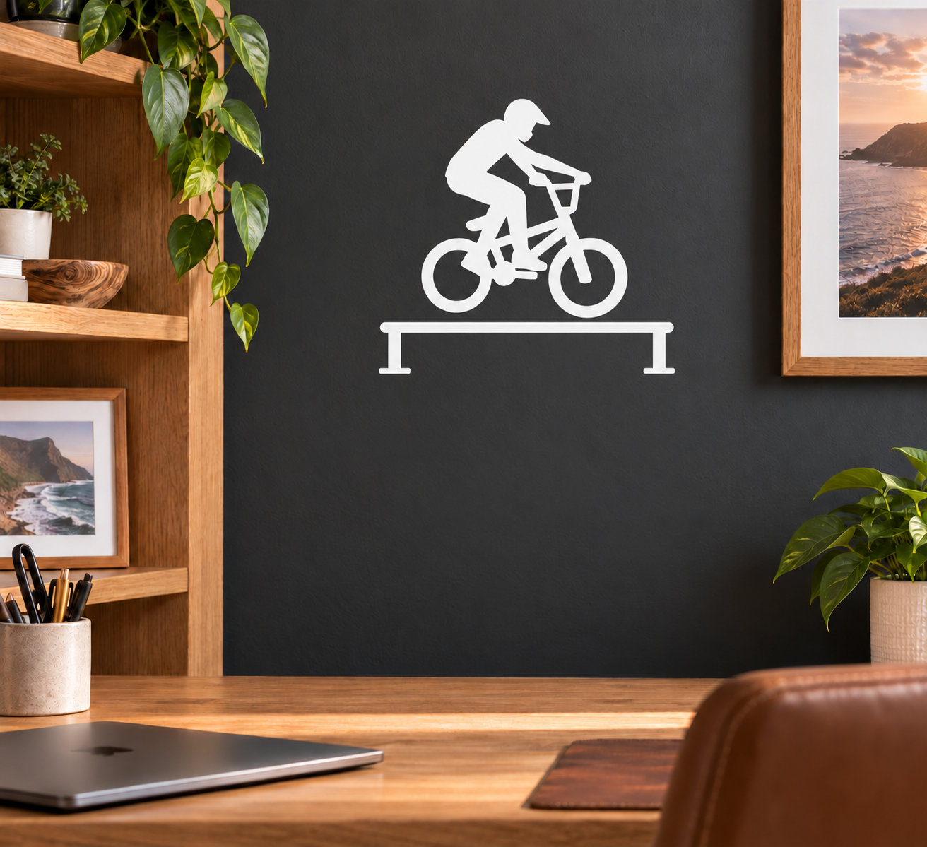 BMX rail vinyl decal: white rider silhouette on BMX bike over a horizontal rail