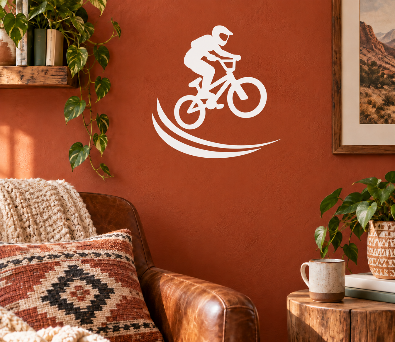 BMX airborne vinyl decal, white BMX rider on bike with sweeping arc