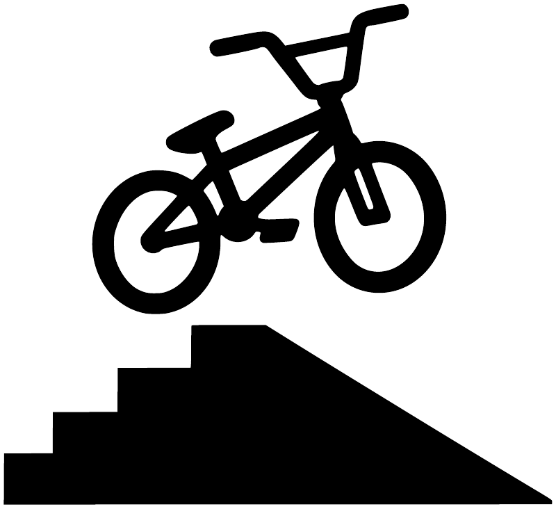 Black BMX bike decal on a ramp staircase silhouette, outlined with thick lines
